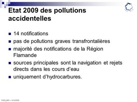 PLEN_0901 – 10/12/2009 Etat 2009 des pollutions accidentelles 14 notifications pas de pollutions graves transfrontalières majorité des notifications de.