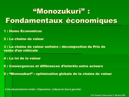 “Monozukuri” : Fondamentaux économiques