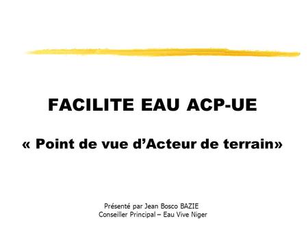 FACILITE EAU ACP-UE « Point de vue dActeur de terrain» Présenté par Jean Bosco BAZIE Conseiller Principal – Eau Vive Niger.