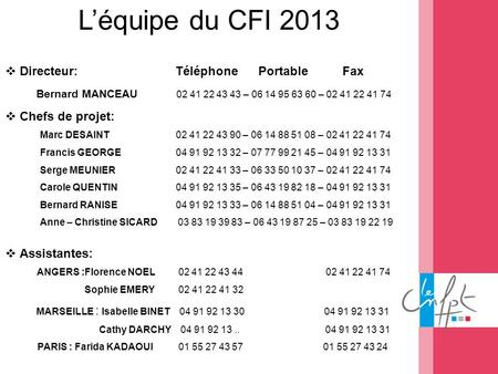 L’équipe du CFI 2013 Directeur: Téléphone Portable Fax