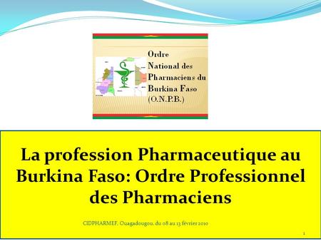 La profession Pharmaceutique au Burkina Faso: Ordre Professionnel des Pharmaciens CIDPHARMEF, Ouagadougou, du 08 au 13 février 2010.