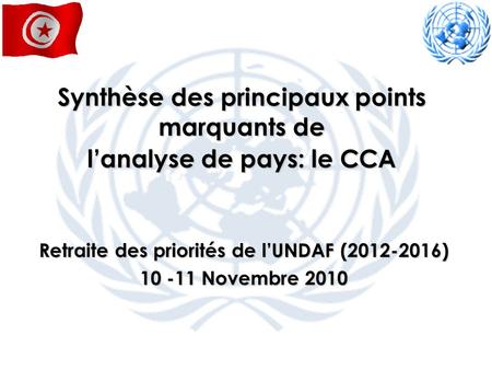 Synthèse des principaux points marquants de lanalyse de pays: le CCA Retraite des priorités de lUNDAF (2012-2016) 10 -11 Novembre 2010.