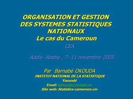 INSTITUT NATIONAL DE LA STATISTIQUE Site web: Statistics-cameroon.cm