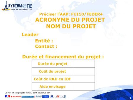 Le Pôle et ses projets de R&D sont soutenus par : 1 Préciser lAAP: FUI10/FEDER4 ACRONYME DU PROJET NOM DU PROJET Leader Entité : Contact : Durée du projet.