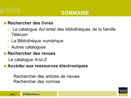 2013 Bibliothèque Présentation des ressources. DF/Bibliothèquepage 1 SOMMAIRE Rechercher des livres Le catalogue Arcentel des bibliothèques de la famille.