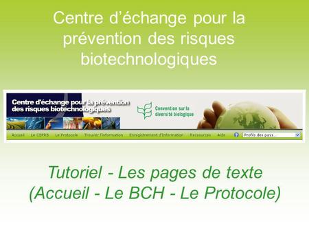 Tutoriel - Les pages de texte (Accueil - Le BCH - Le Protocole) Centre déchange pour la prévention des risques biotechnologiques.