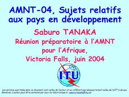 AMNT-04, Sujets relatifs aux pays en développement Saburo TANAKA Réunion préparatoire à lAMNT pour lAfrique, Victoria Falls, juin 2004 Les opinions exprimées.