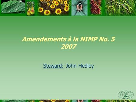 Amendements à la NIMP No. 5 2007 Steward: John Hedley.