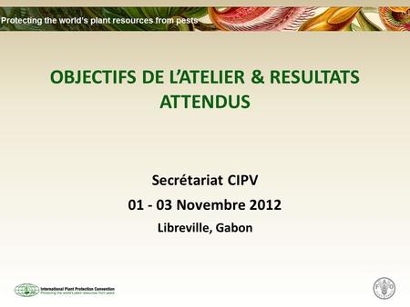 OBJECTIFS DE LATELIER & RESULTATS ATTENDUS Secrétariat CIPV 01 - 03 Novembre 2012 Libreville, Gabon.