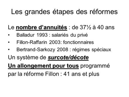 Les grandes étapes des réformes nombre dannuités Le nombre dannuités : de 37½ à 40 ans Balladur 1993 : salariés du privé Fillon-Raffarin 2003: fonctionnaires.