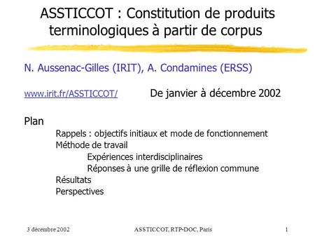 ASSTICCOT, RTP-DOC, Paris