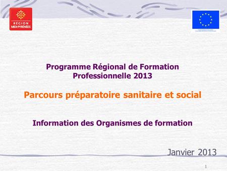 Programme Régional de Formation Professionnelle 2013 Parcours préparatoire sanitaire et social Information des Organismes de formation Janvier 2013.