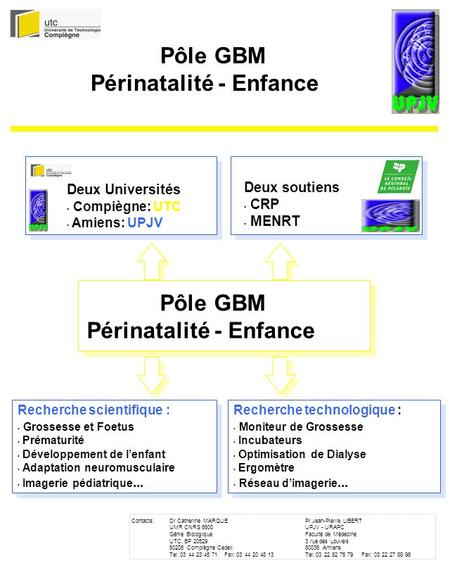 Pôle GBM Périnatalité - Enfance Deux soutiens CRP MENRT Deux soutiens CRP MENRT Deux Universités Compiègne: UTC Amiens: UPJV Deux Universités Compiègne:
