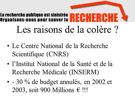 Les raisons de la colère ? Le Centre National de la Recherche Scientifique (CNRS) lInstitut National de la Santé et de la Recherche Médicale (INSERM) -