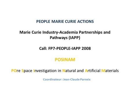 PEOPLE MARIE CURIE ACTIONS Marie Curie Industry-Academia Partnerships and Pathways (IAPP) Call: FP7-PEOPLE-IAPP 2008 POSINAM POre Space Investigation in.