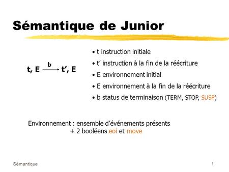 Sémantique1 Sémantique de Junior t, E b t instruction initiale t instruction à la fin de la réécriture E environnement initial E environnement à la fin.