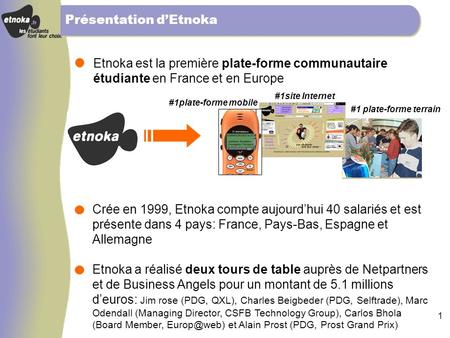 0 Présentation dEtnoka. 1 Crée en 1999, Etnoka compte aujourdhui 40 salariés et est présente dans 4 pays: France, Pays-Bas, Espagne et Allemagne Etnoka.