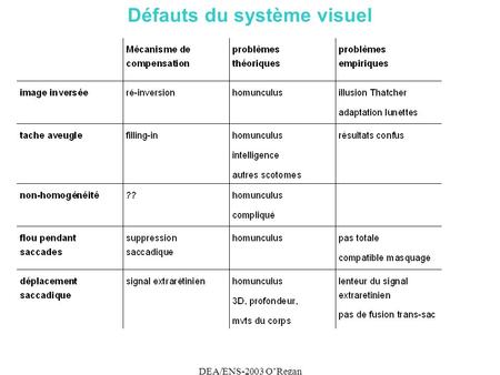 DEA/ENS-2003 ORegan Défauts du système visuel. DEA/ENS-2003 ORegan Compenser l inversion de l image rétinienne Leonard de Vinci Descartes.