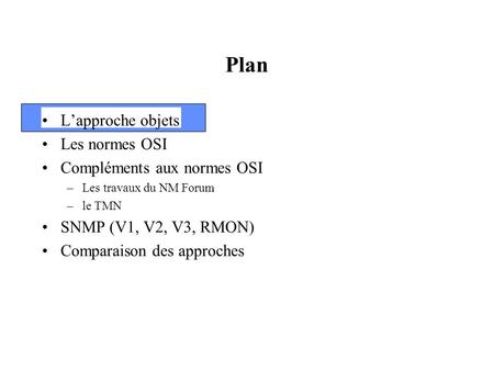 Plan L’approche objets Les normes OSI Compléments aux normes OSI