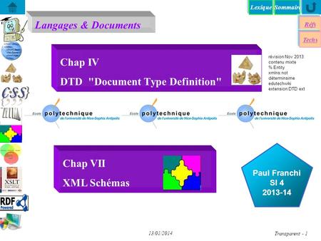 SommaireLexique Langages & Documents Réfs Paul Franchi SI 4 2013-14 Techs...... 13/01/2014 Transparent - 1 Chap IV DTD Document Type Definition Chap.