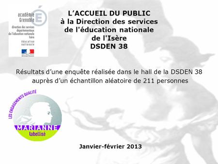 Janvier-février 2013 LACCUEIL DU PUBLIC à la Direction des services de l'éducation nationale de l'Isère DSDEN 38 Résultats dune enquête réalisée dans le.