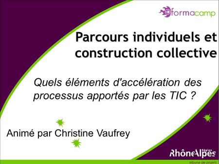 Quels éléments d'accélération des processus apportés par les TIC ? Parcours individuels et construction collective Animé par Christine Vaufrey.