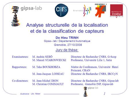 Analyse structurelle de la localisation et de la classification de capteurs Do Hieu TRINH Gipsa – lab / Département d’Automatique Jury de thèse: Grenoble,