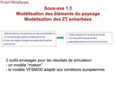 2 outils envisagés pour les résultats de simulation: - un modèle maison - le modèle VFSMOD adapté aux conditions européennes - débit entrant sur la bande.