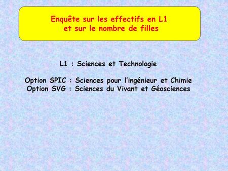 Enquête sur les effectifs en L1 et sur le nombre de filles L1 : Sciences et Technologie Option SPIC : Sciences pour lingénieur et Chimie Option SVG : Sciences.