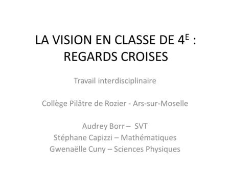 LA VISION EN CLASSE DE 4E : REGARDS CROISES