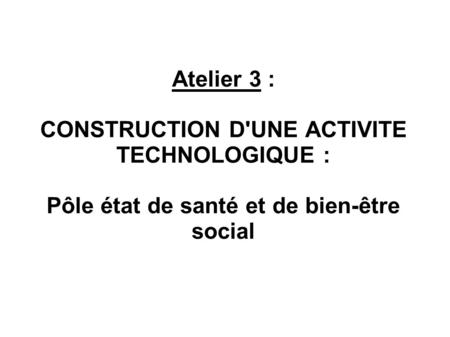 Atelier 3 : CONSTRUCTION D'UNE ACTIVITE TECHNOLOGIQUE : Pôle état de santé et de bien-être social.