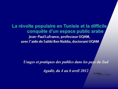 Usages et pratiques des publics dans les pays du Sud Agadir, du 4 au 6 avril 2012 Chaire UNESCO-Bell en communication et développement international La.