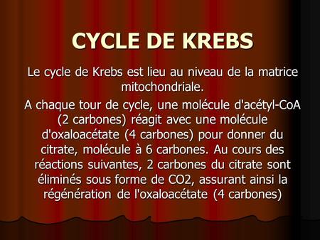 Le cycle de Krebs est lieu au niveau de la matrice mitochondriale.