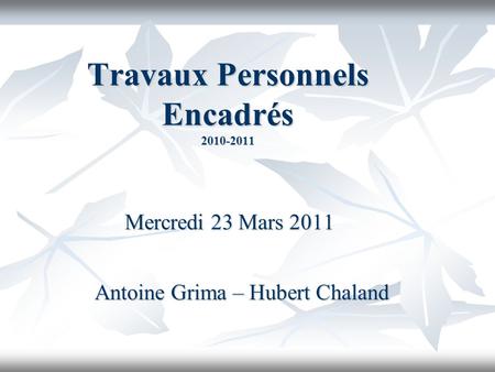 Travaux Personnels Encadrés 2010-2011 Mercredi 23 Mars 2011 Antoine Grima – Hubert Chaland.