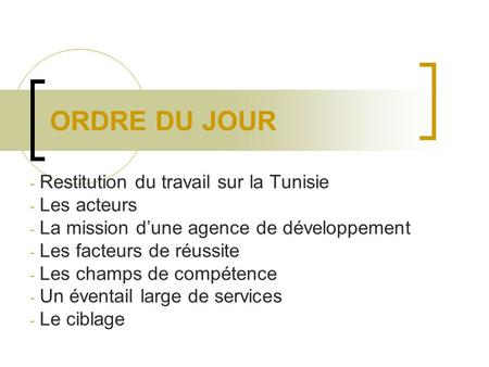 ORDRE DU JOUR - Restitution du travail sur la Tunisie - Les acteurs - La mission dune agence de développement - Les facteurs de réussite - Les champs de.