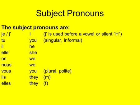 Subject Pronouns The subject pronouns are: je / jI (j is used before a vowel or silent H) tuyou(singular, informal) il he elleshe onwe nouswe vousyou(plural,