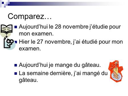 Comparez… Aujourdhui le 28 novembre jétudie pour mon examen. Hier le 27 novembre, jai étudié pour mon examen. Aujourdhui je mange du gâteau. La semaine.
