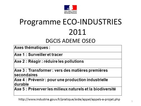Programme ECO-INDUSTRIES 2011 DGCIS ADEME OSEO Axes thématiques : Axe 1 : Surveiller et tracer Axe 2 : Réagir : réduire les pollutions Axe 3 : Transformer.