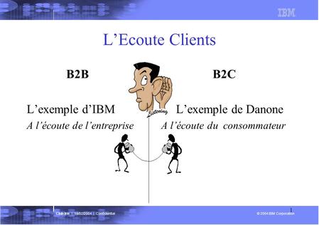 © 2004 IBM Corporation Club Iris | 19/02/2004 | Confidential 1 LEcoute Clients B2B B2C Lexemple dIBM Lexemple de Danone A lécoute de lentreprise A lécoute.