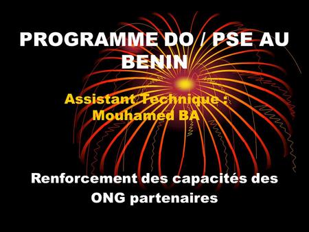 PROGRAMME DO / PSE AU BENIN Assistant Technique : Mouhamed BA Renforcement des capacités des ONG partenaires.