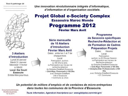 Programme 2012 Février Mars Avril Projet Global e-Society Complex Essaouira Maroc Monde Une innovation révolutionnaire intégrée dinformatique, dinformation.