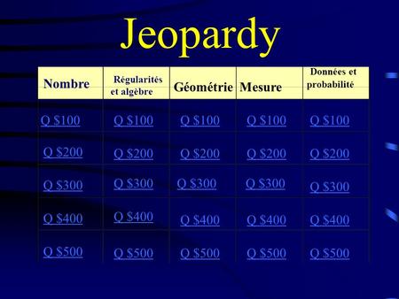 Jeopardy Nombre Régularités et algèbre GéométrieMesure Données et probabilité Q $100 Q $200 Q $300 Q $400 Q $500 Q $100 Q $200 Q $300 Q $400 Q $500.