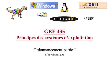 GEF 435 Principes des systèmes dexploitation Ordonnancement partie I (Tanenbaum 2.5)