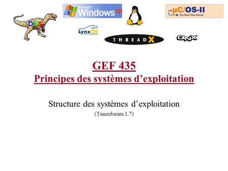 GEF 435 Principes des systèmes dexploitation Structure des systèmes dexploitation (Tanenbaum 1.7)