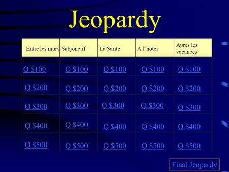 Jeopardy Entre les mursSubjonctifLa SantéA lhotel Apres les vacances Q $100 Q $200 Q $300 Q $400 Q $500 Q $100 Q $200 Q $300 Q $400 Q $500 Final Jeopardy.