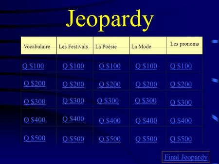 Jeopardy VocabulaireLes FestivalsLa PoésieLa Mode Les pronoms Q $100 Q $200 Q $300 Q $400 Q $500 Q $100 Q $200 Q $300 Q $400 Q $500 Final Jeopardy.
