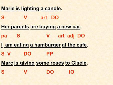 Marie is lighting a candle. SV art DO Her parents are buying a new car. pa SV art adj DO I am eating a hamburger at the cafe. S VDOPP Marc is giving some.