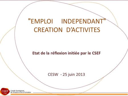  EMPLOI INDEPENDANT  CREATION DACTIVITES Etat de la réflexion initiée par le CSEF CESW - 25 juin 2013.