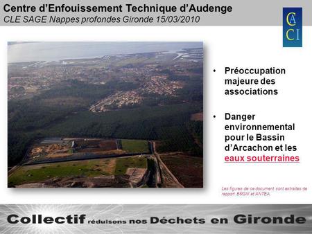 Centre dEnfouissement Technique dAudenge CLE SAGE Nappes profondes Gironde 15/03/2010 Préoccupation majeure des associations Danger environnemental pour.