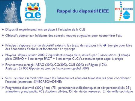 Rappel du dispositif EIEE Dispositif expérimental mis en place à l'initiative de la CLE Objectif : donner aux habitants des conseils neutres et gratuits.
